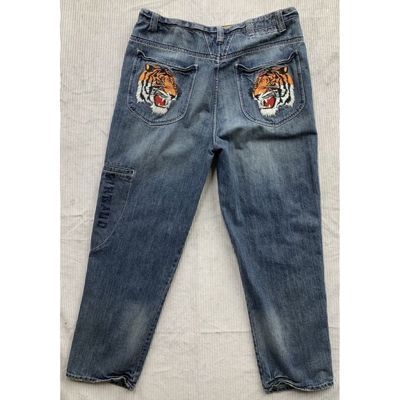 Vtg 90's Le Jean De Marithe Francois Girbaud Embroidered Tiger Head Jeans38X33